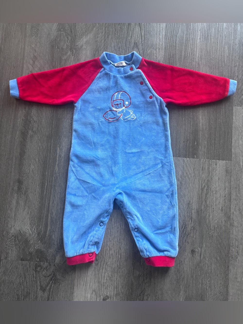 Vintage Carter’s Blue and Red Football Teddy Bear Velour One-Piece, 9 months